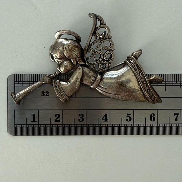 Vintage Sterling Silver Angel Playing Trumpet Brooch Pin Marked 925 - Picture 4 of 4